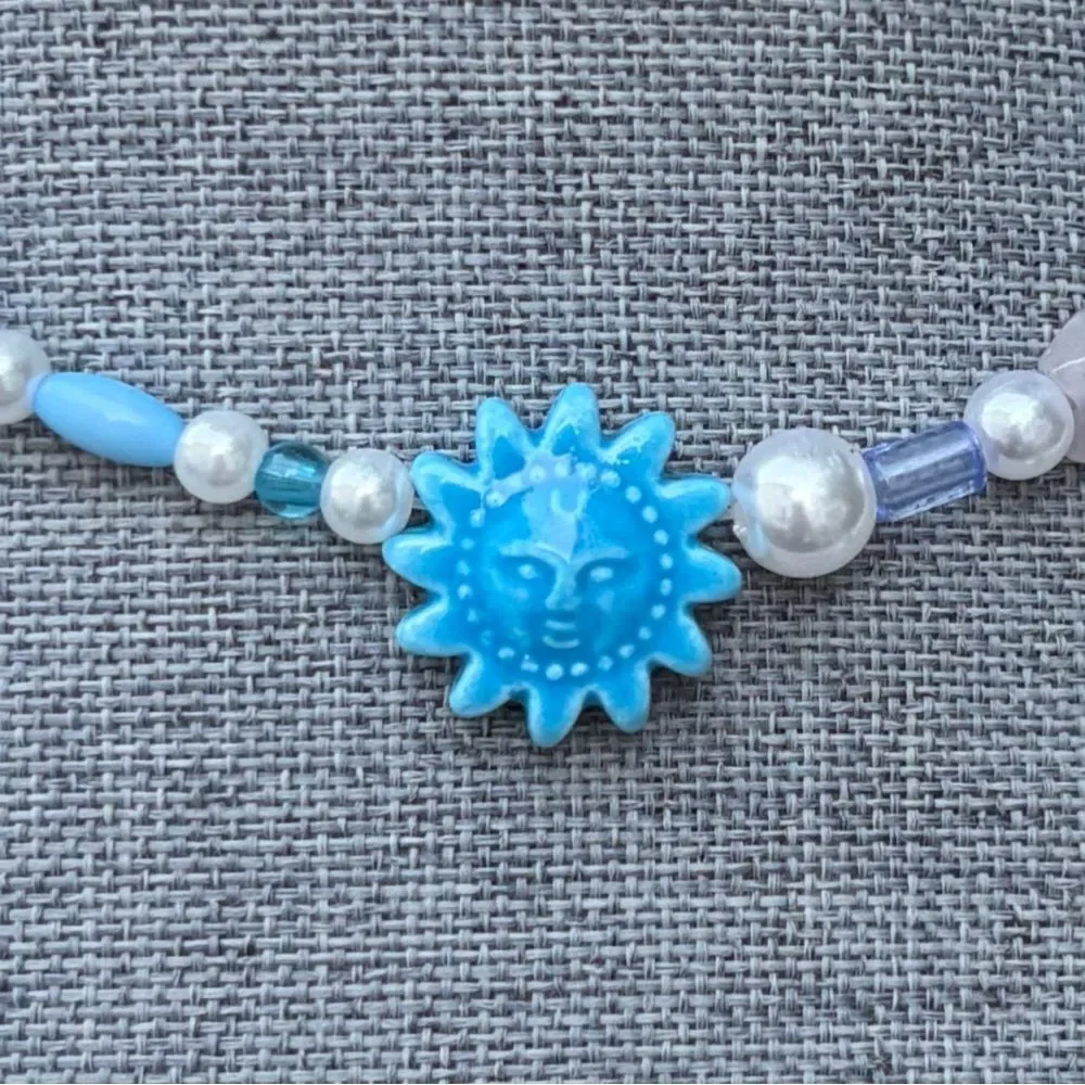 Two (2) Urban Outfitters OU Layering Blue Mushroom Sundial Beaded Necklaces NWT